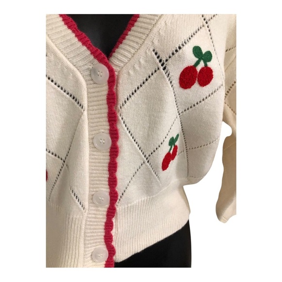Jessica Simpson cream pink scalloped trim cherry embroidered cardigan size M new - Picture 13 of 17